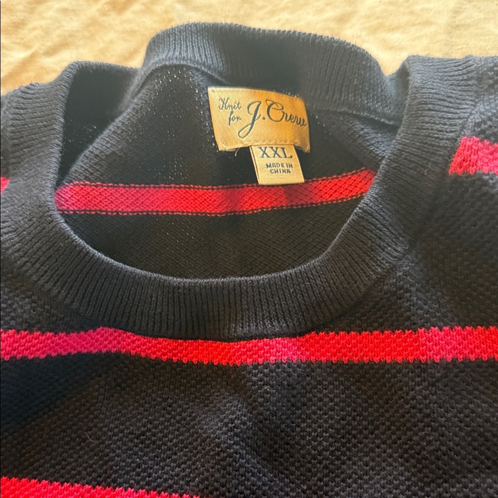 J. Crew Men's Sweater in Navy with Pink Stripes XXL